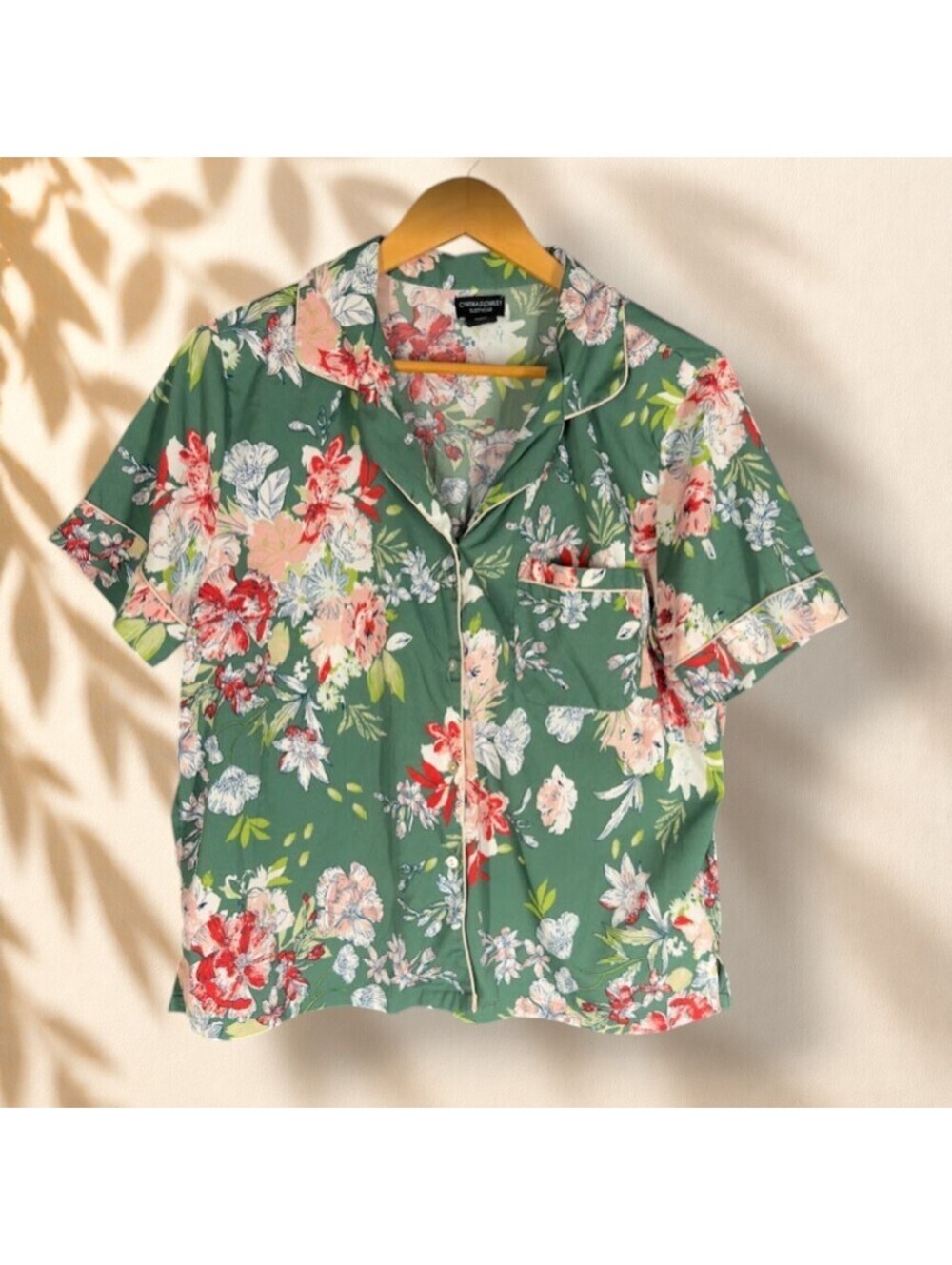 Cynthia Rowley Sleepshirt Women L Large Green Floral Button Up Collared Sleep